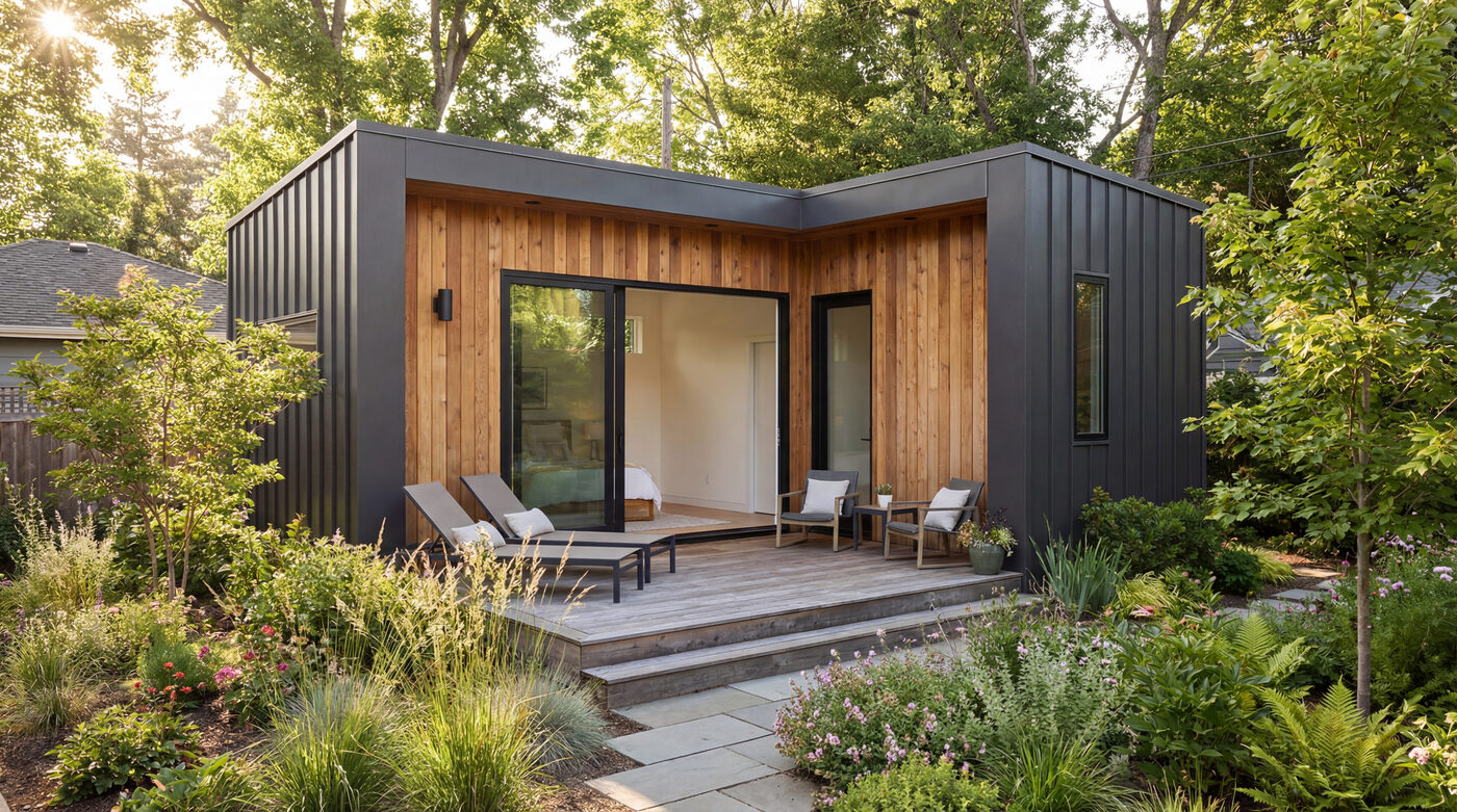 Nordic modern cabin with wood and black cladding, deck and sun flare through trees