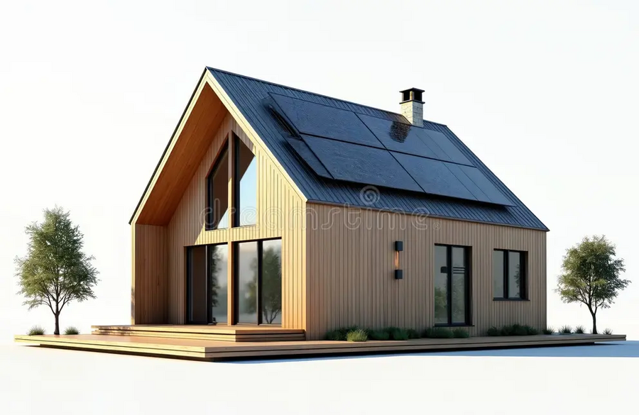 Isolated render of a timber-clad fabricated home with rooftop solar panels